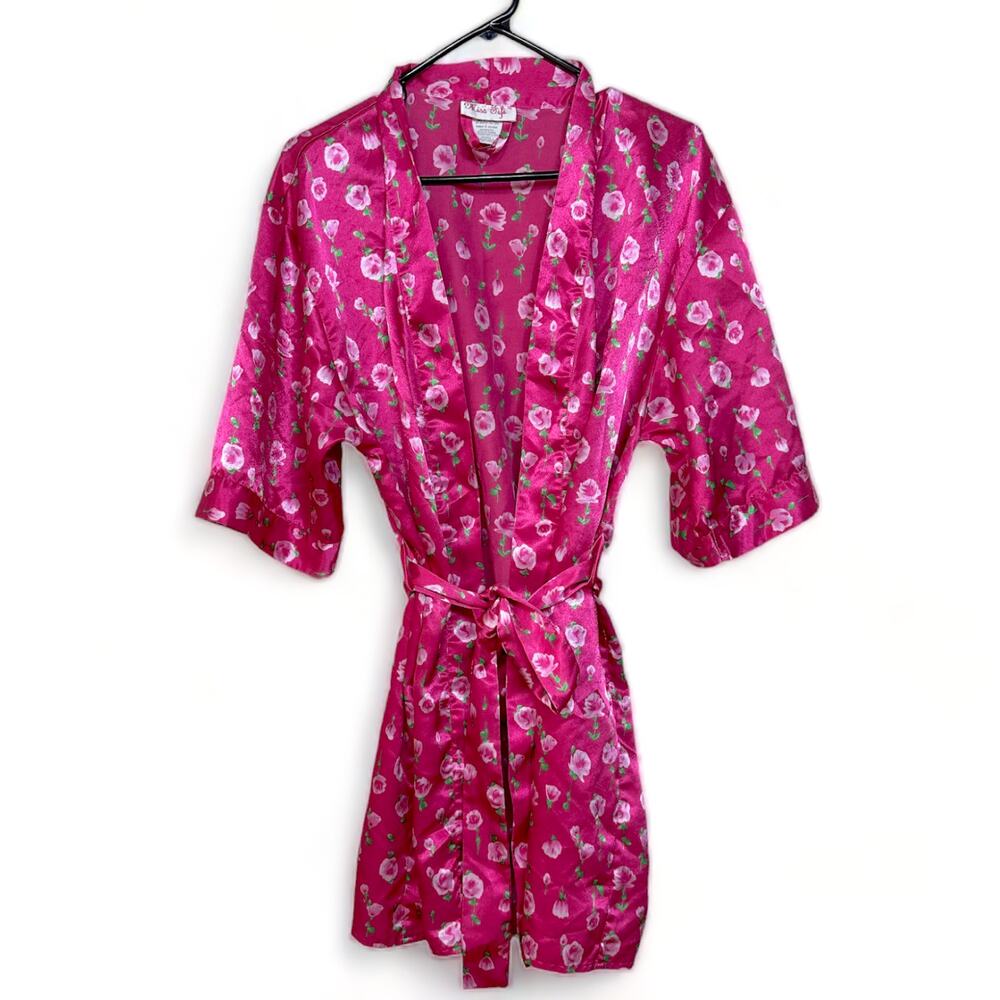 Pink Floral Silky Satin Robe Kimono Style Loungewear Women's Size Large